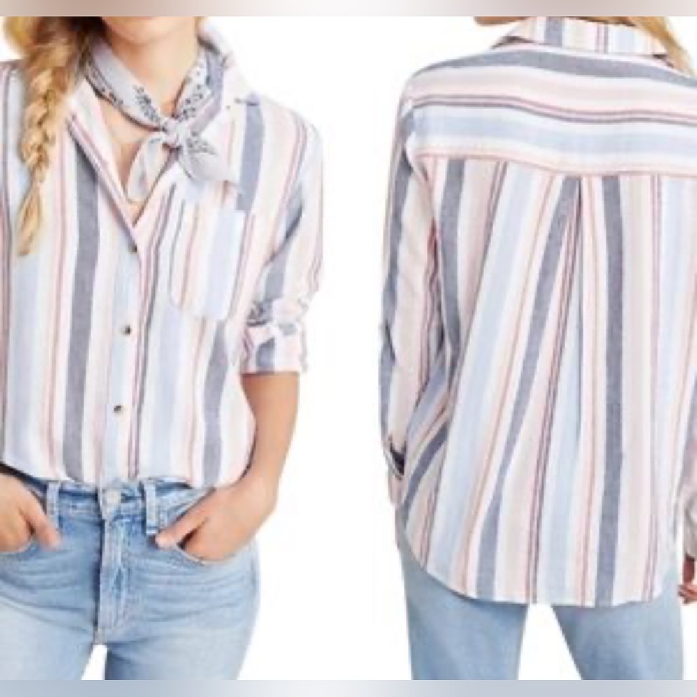 Anthropologie White and Blue Cuffed Sleeve Button Down Shirt